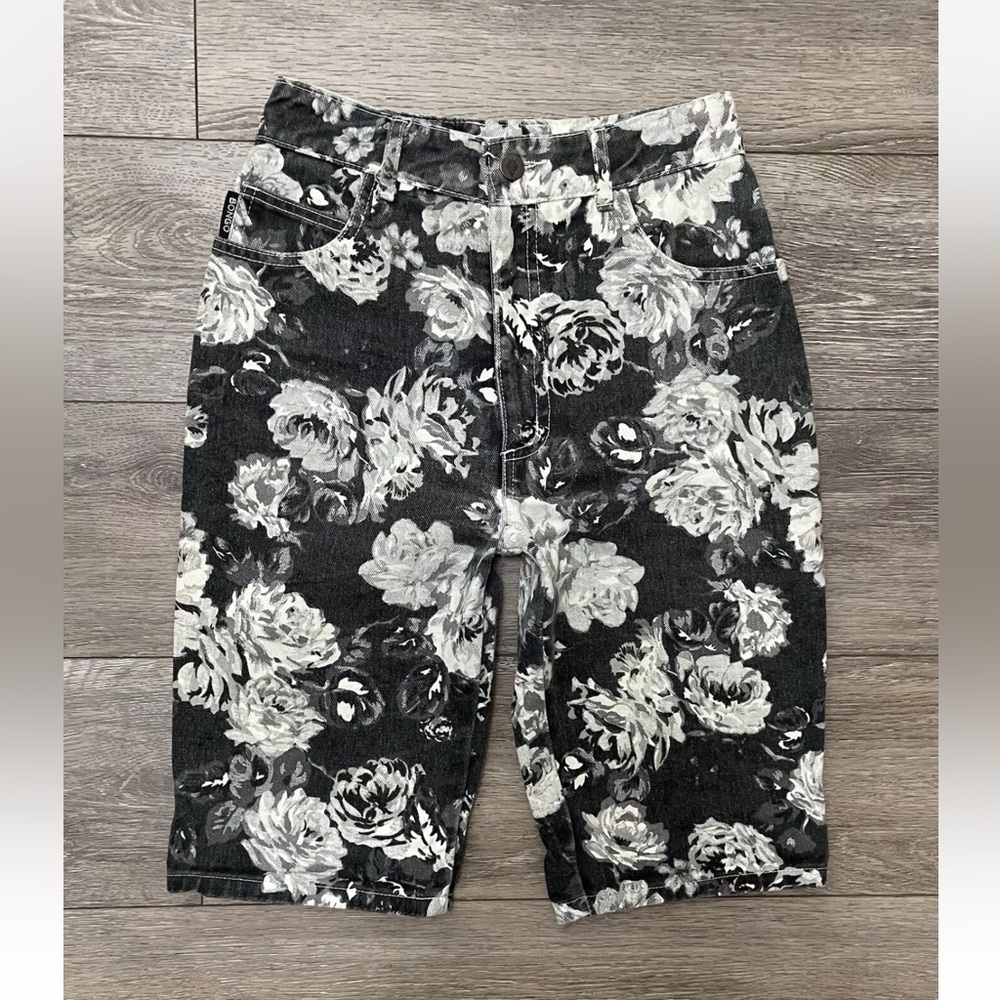 Rare Vtg Bongo For Contempo Casuals B&W Floral Print Denim Bermuda Shorts 25”W